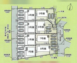 【区画図】 | 秦野市南矢名  4号棟 第17 | 4号棟　西側約4.8ｍ～約5ｍ公道　駐車並列3台（車種によります）　敷地面積47坪