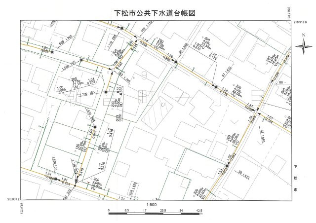 潮音町一丁目売り土地※原則再建築不可の地図|上下水配管図