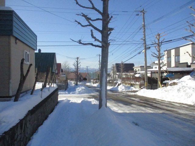 【前面道路含む現地写真】 | もみじ台南6丁目 | ●北側道路
※西側道路面との高低差有り
※南側・西側・北側の一部コンクリート塀は現状渡しとなります
