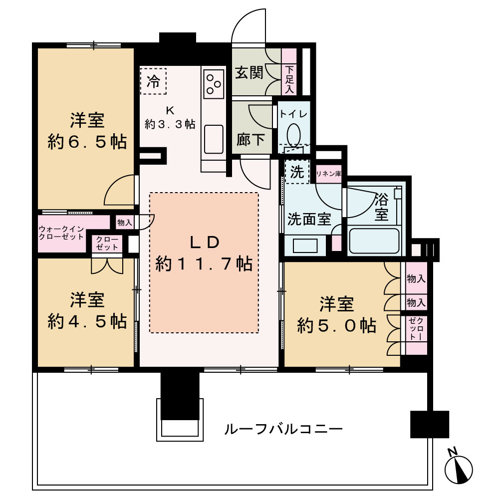 アンビシャス西川口の間取り|専有面積70.00㎡+ルーフバルコニー26.01㎡
















