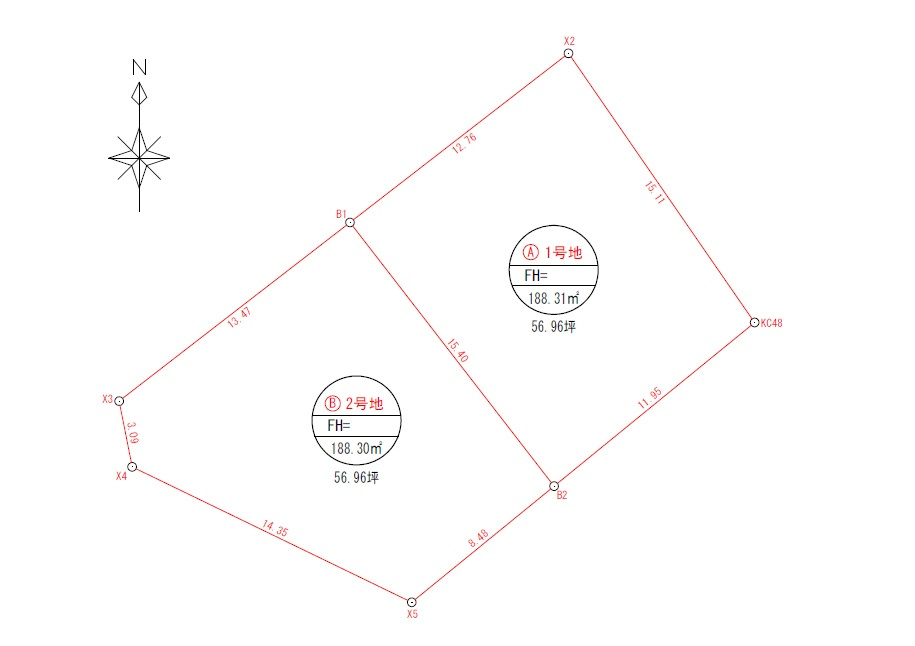 若葉三丁目（2期）の土地図|分筆案は計画中につき、面積に変動が生じる可能性がございます。
