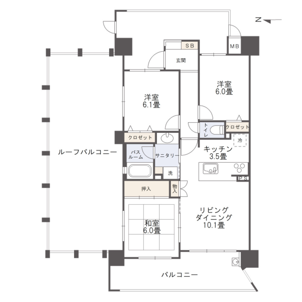 アルファステイツ岡山上中野の間取り|ルーフバルコニー付き角部屋です！
