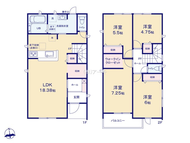 知多市にしの台4丁目15-10、15-11『仲介手数料無料』新築戸建ての間取り|　4号棟　1F:LDK18.38帖！家事動線の良い間取り♪家族が集まるリビングイン階段♪ダイニング収納♪2F:洋室7.25帖　WIC設置！洋室6帖・洋室5.5帖・洋室4.75帖　CL設置♪南面バルコニ