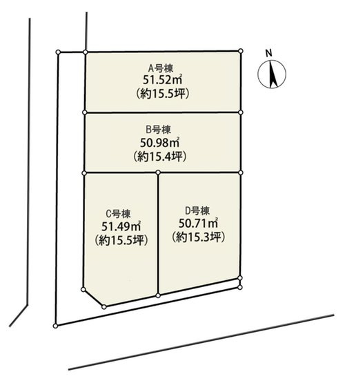 【区画図】 | 小平市花小金井６丁目 | 南西角地区画や本地東側は駐車場のため、日照、風通し良好です♪建物100m2超えの広々4LDK区画あり！