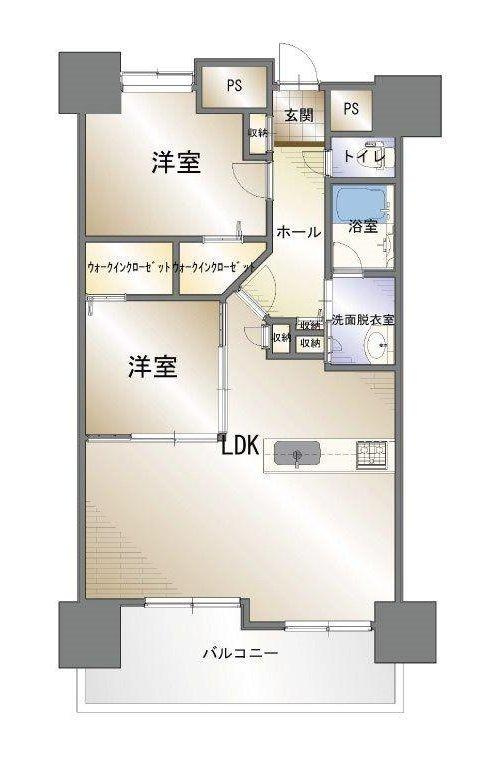 ラフィーネ中萩弐番館の間取り|効率的な動線を実現した2LDKプラン。カウンターキッチンを中心に、リビングと各居室がバランスよく配置されています。オール電化仕様で火の元を気にせず、ペットとの暮らしも安全に楽しめる工夫が詰まった設計。