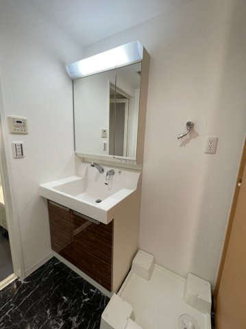 ピアッツァレント今井町の洗面所|二面鏡付き化粧洗面台、室内洗濯機置き場