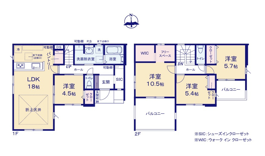 ケイアイフィット　常陸太田市馬場町　2期 　限定1棟！の間取り|　
☆1階洋室は2WAY出入り口。キッズスペースやテレワークにも◎全室明るい南向き。各部屋に大容量の収納スペース配備。広いバルコニーも魅力です！