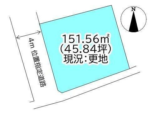 東田２丁目　売土地の区画図|敷地の形状が分かりやすく、建物や駐車スペース、庭のバランスを考慮した計画が立てやすい区画です。西側道路に面しているため、夕方の光を採り入れたサンルームを作るなど、個性的な間取りの検討も捗ります。