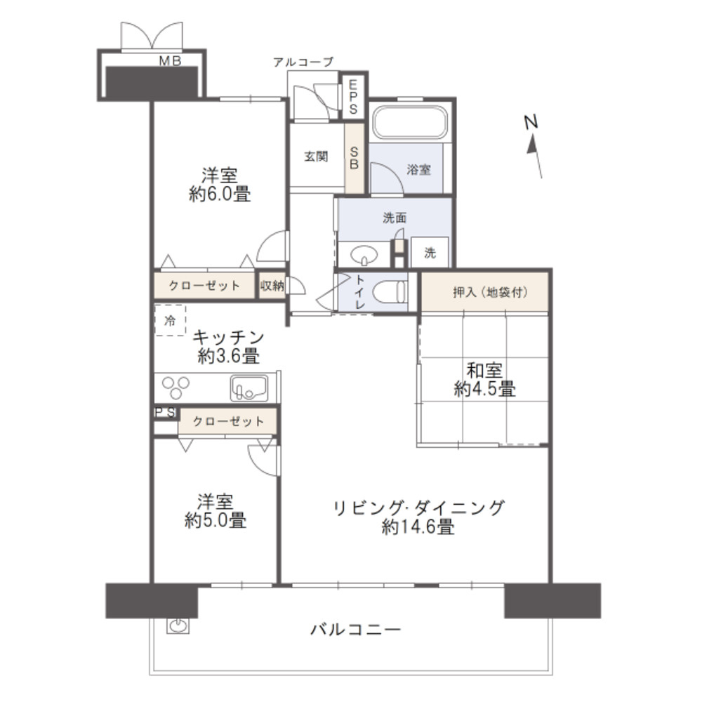 サーパス新保緑道公園の間取り|3LDK　南側に2室が面する広い間口が特徴です。