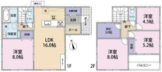 【間取り】 | 安佐南区川内五丁目 | 4LDK
1階　LDK16帖　洋8帖　
2階　洋8帖　洋5.2帖　洋4.5帖