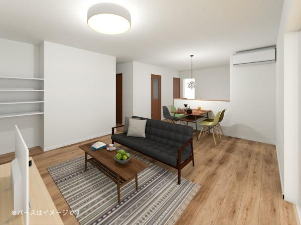 中鶴崎Ｗ　新築の完成予想図|ホワイトと木目のコントラストで穏やかな雰囲気のあるLDK。