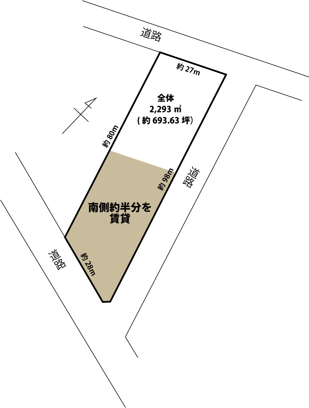 向野貸地の区画図|区画の南側半分（約300坪）を貸し出します。