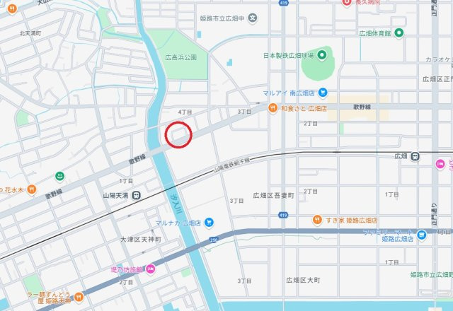 姫路市広畑区高浜町4丁目　　山陽電鉄「天満駅」徒歩5分の地図