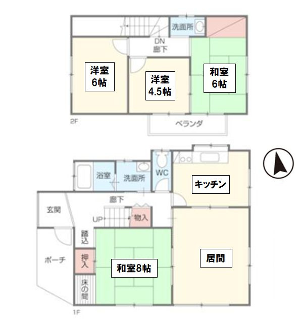 野木町友沼の間取り|1階は8帖の和室と続き間の居間が魅力♪2階は洋室・和室あわせて3部屋ある、ゆとりの5DKです！