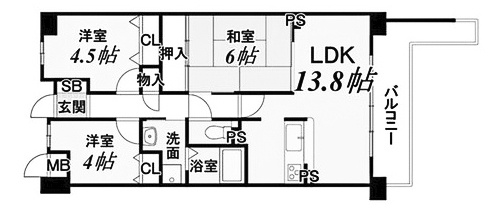 【間取り】 | クオレ桂川 | 専有面積62.04㎡（内法）