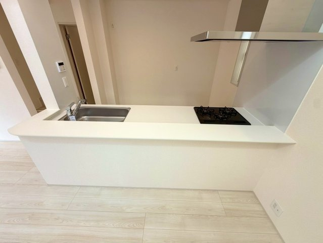 ブルーミングガーデン西原町小那覇・２号棟のキッチン|人造大理石カウンター付きの対面式のシステムキッチン