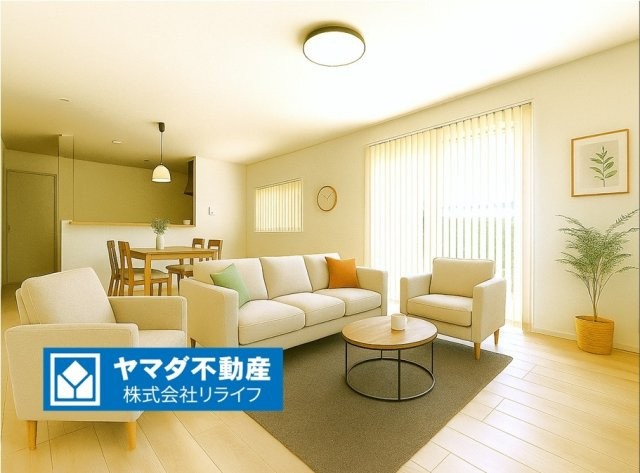 クワイエ　本巣市小柿第２　全３区画分譲の居間・リビング|(※家具配置イメージ画像)フローリング材は木目調でナチュラルな美しさ。様々な傷やクラックの発生を大幅に抑える特殊加工済みです。