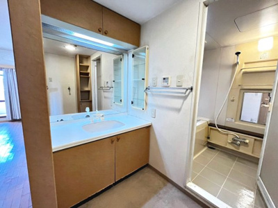 【洗面所】 | ファミールハイツ泉大津SHC 2番館 | 洗面室広々、身だしなみチェックもばっちりです！シャワー付き洗面台ですので、寝ぐせ直しもラクラクですね！
