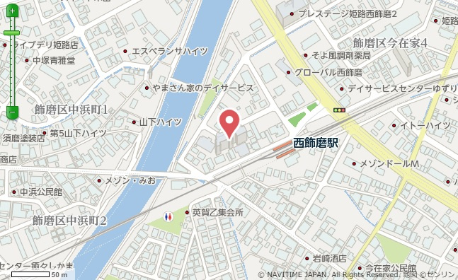 プレステージ姫路西飾磨　3階の地図|山電「西飾磨」駅まで徒歩2分です。