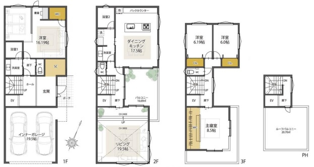 南町　土地の参考プラン|☆参考プラン☆
3LDK+ゲストルーム+ルーフバルコニー
延べ床面積249.42㎡（車庫面積を含む）
