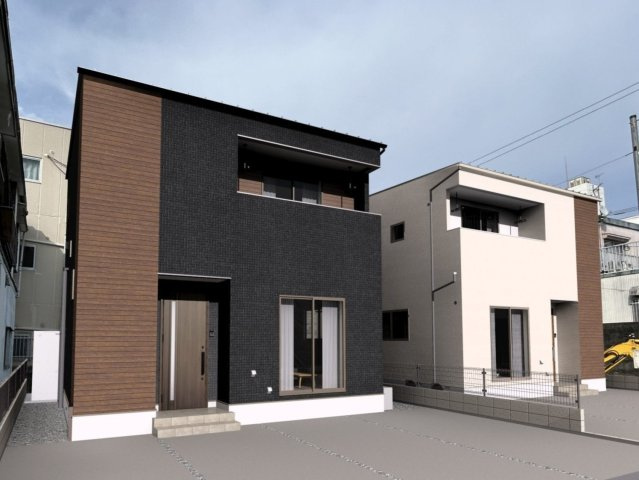 高知市百石町　新築建売⑨の外観パース|ブラックベースの外壁にブラウンがアクセントの外観。駐車3台可能なカースペース付き♪※画像はイメージです。