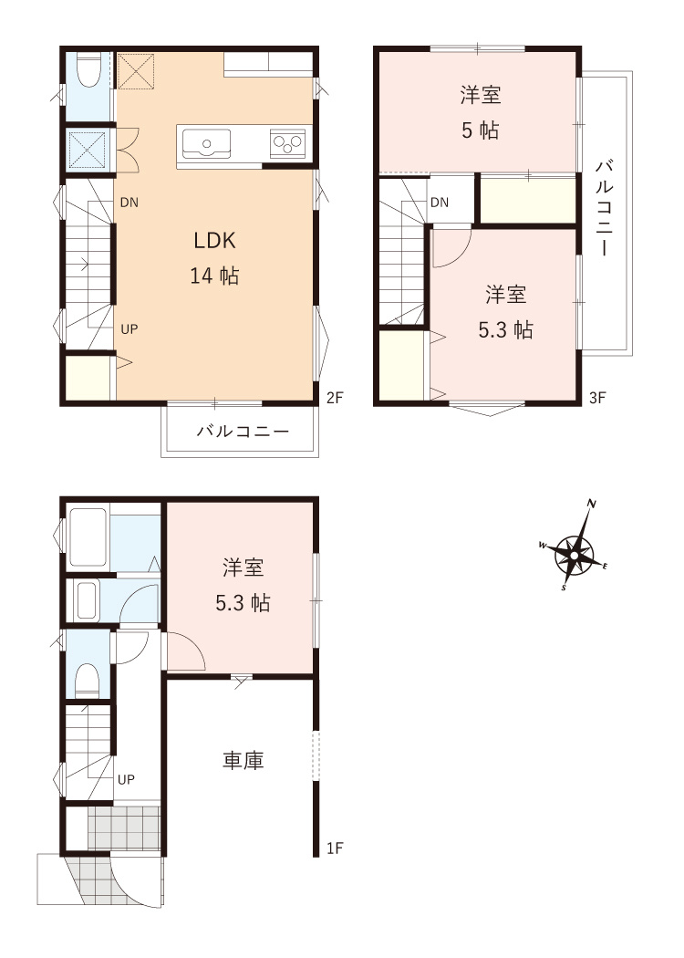 入間郡三芳町大字藤久保の新築一戸建の間取り|陽当り良好、開放感のある角地に立地！
3LDK+ビルトインガレージ付き新築一戸建て♪　