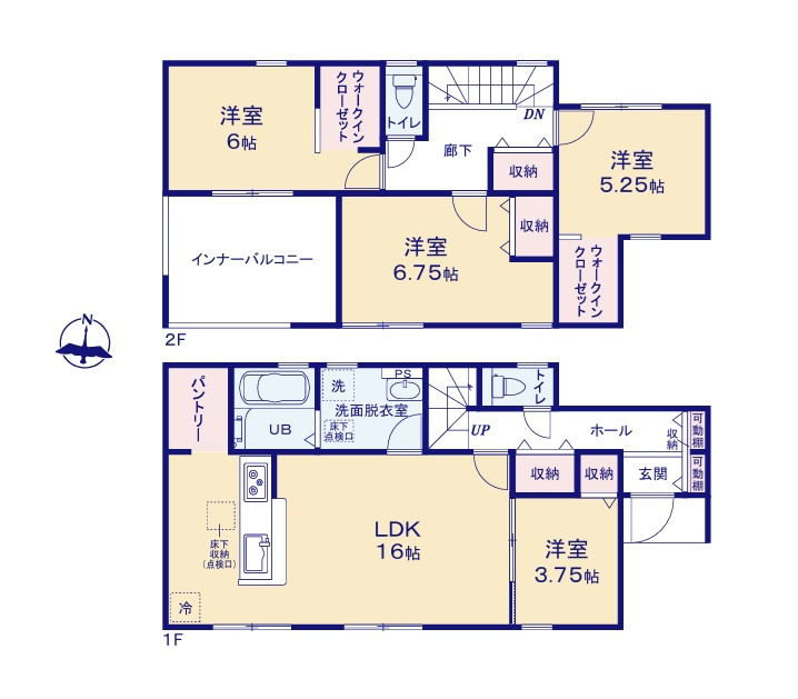 リーブルガーデン  那珂市菅谷　第35　限定1棟！の間取り|　
☆全室明るい南向きです。各部屋を最大限に広く使って頂けるよう、全居室に大容量の収納スペース付き！人気のキッチンパントリーも配備しました。広いバルコニーも魅力です♪