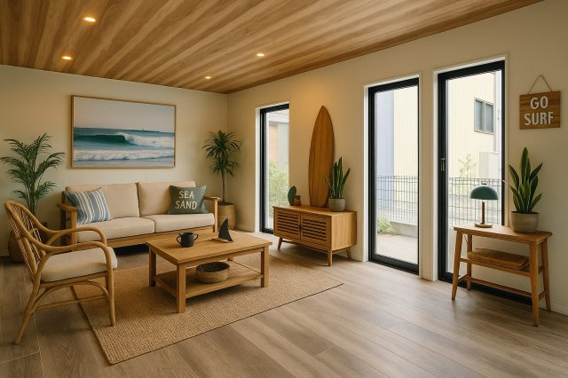 家族に優しいSurfers Houseの居間・リビング|外でも中でも「海」を感じる暮らしを。
※掲載の家具等はCG合成したもので、実際とは異なります。