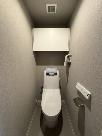 リビオ浦和領家のトイレ|便利な扉付き吊戸棚。落ち着いた色調のトイレです