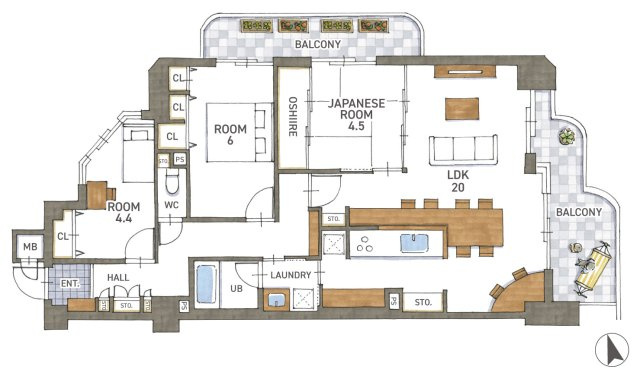 グランドムール膳所　天然木フルリノベーションの間取り|最上階の角部屋です！