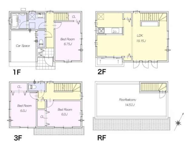 入間郡三芳町大字北永井の新築一戸建の間取り|2階ワンフロアLDKは19.15帖の広々空間。全居室6帖以上＆クローゼット付き。14.52帖の屋上スペースは家族で楽しめる遊びや趣味のスペースに大活躍。