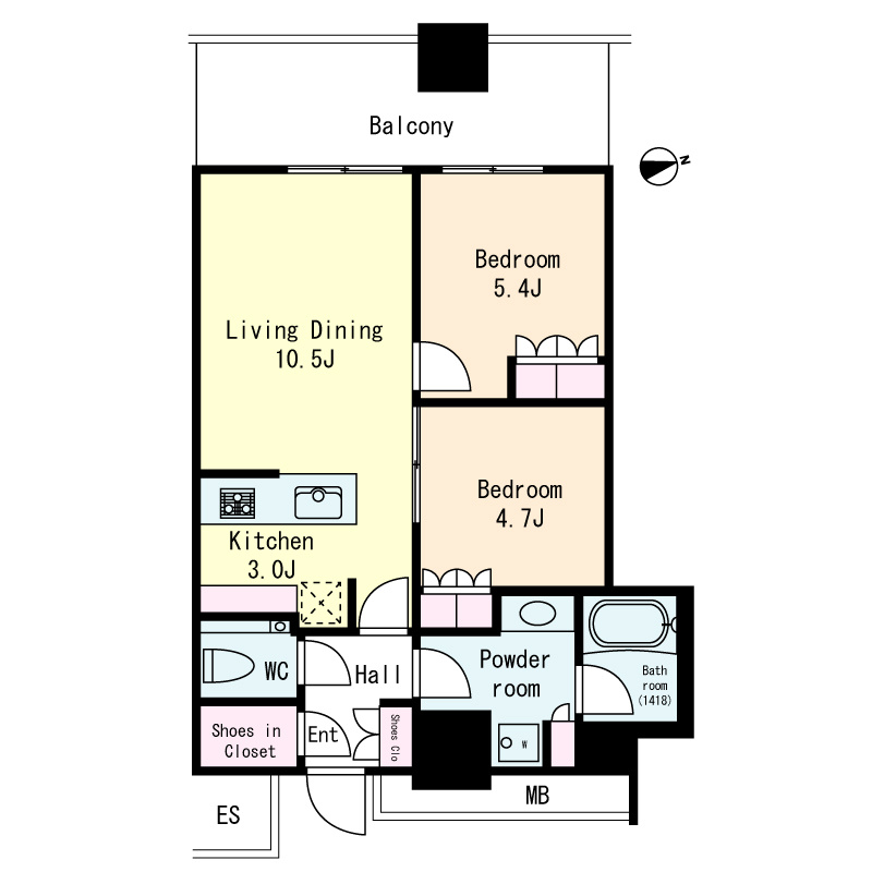 ワールドタワーレジデンスの間取り|2LDK、価格4億4800万円、専有面積56.68m2、バルコニー面積11.63m2 
