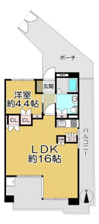 【間取り】 | 北武庫之荘フレックス | 南東角部屋で明るく開放的な室内です♪専用ポーチ・引き廻しバルコニーでたいへん開放的です！！単身様からお二人様におすすめの１LDKの間取りです！！