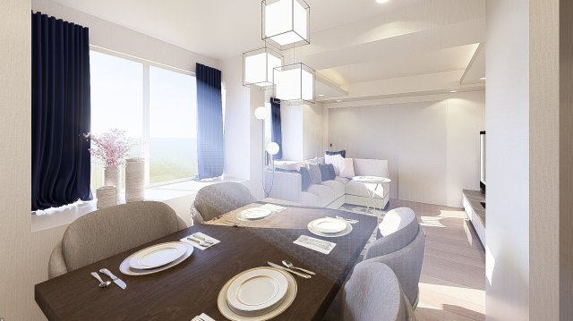 グランシャトレ文京小日向の居間・リビング|陽当たり良好なリビングダイニング（完成予想パース）