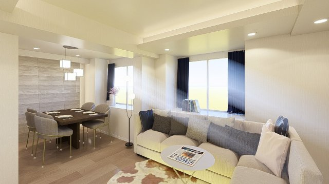 グランシャトレ文京小日向の居間・リビング|明るい色味の内装で仕上げたリビングダイニング（完成予想パース）