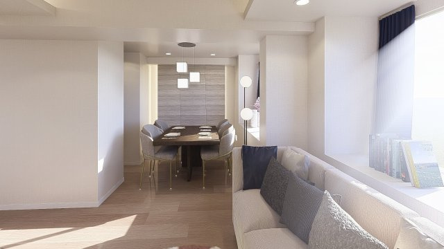 グランシャトレ文京小日向の居間・リビング|使い勝手の良いリビングダイニング（完成予想パース）