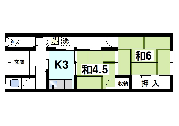 杉山連棟の間取り|ゆったりと暮らせる2Kの間取りです。