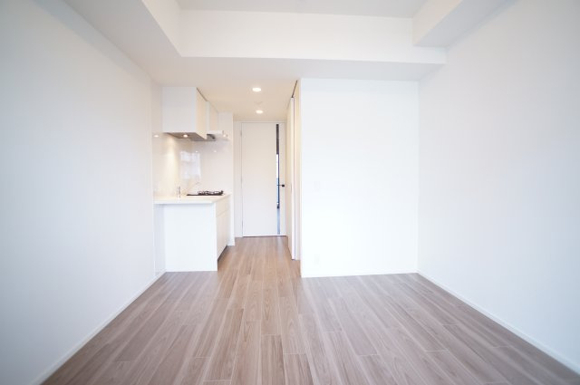 プライムメゾン錦糸町の居間・リビング|落ち着いた色合いの床と、白い建具とクロスは家具選びし易いです。