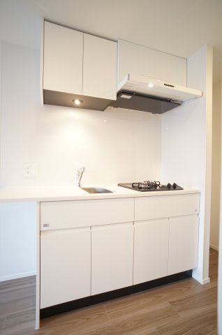 プライムメゾン錦糸町のキッチン|白を基調とした清潔感のあるキッチンは、上部にも棚収納があります。シンク脇のカウンター台も小物家電を置く際に便利です♪
