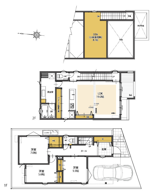 練馬区東大泉3丁目　ゆとりの空間設計　大型デザイン邸宅の間取り|B号棟　3LDK+WIC+パントリー+小屋裏収納+車庫　敷地面積 100.83ｍ2　建物面積 115.15ｍ2