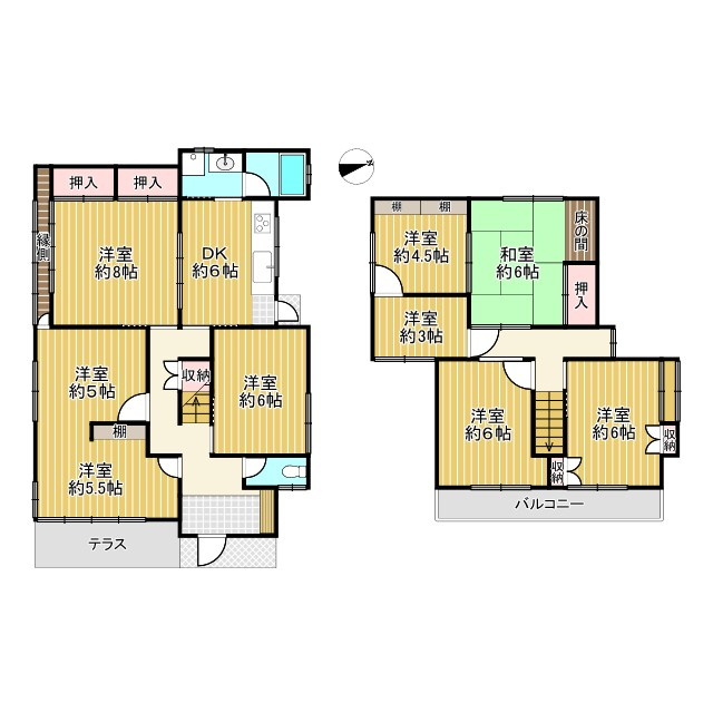 長岡京市奥海印寺太鼓山　　の間取り|９DKの間取りで大家族でも広々お使いいただけます(^^♪
1階約８帖の洋室などの南向き居室は陽当たり抜群☀