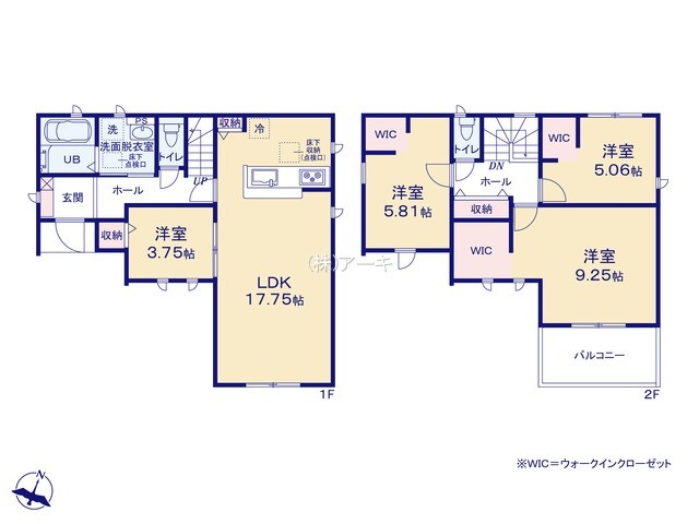 知立市新林町平草12-8『仲介手数料無料』新築戸建ての間取り|　1号棟　1F:LDK17.75帖に隣接する洋室3.75帖はお子様の遊び場・奥様の家事室に便利です♪2F:主寝室9.25帖・洋室5.81帖・洋室5.06帖　WIC設置！ホール収納♪南面バルコニー♪