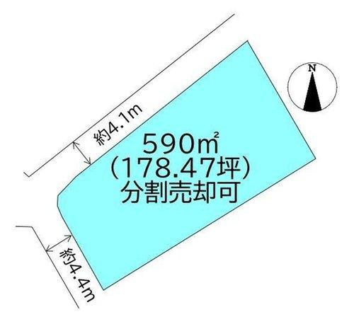 垣生６丁目　売土地の区画図|北西に開けた角地の整形地で、建物の配置計画が立てやすい形状です。178坪という面積は分割相談も可能で、用途や予算に合わせた柔軟な検討が可能。公共下水などのインフラも整っていて基盤の確かな土地です。