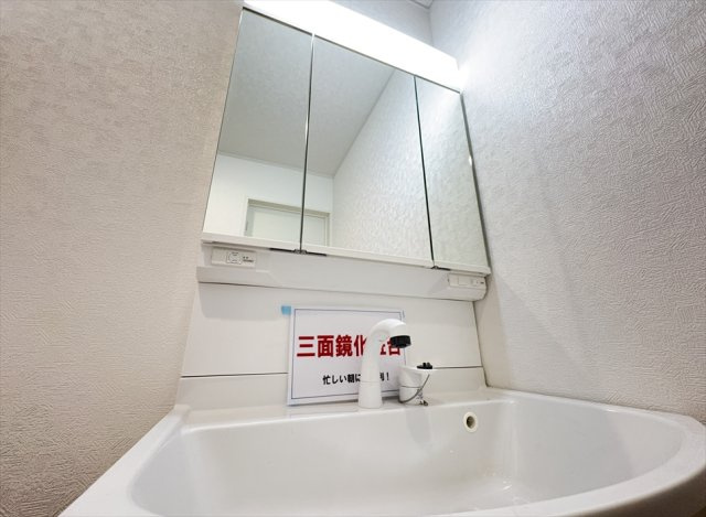 【独立洗面台】 | 朝霞市宮戸3丁目　新築一戸建住宅　全16棟　(志木本店) | 三面鏡は多角的にチェックできるのでヘアアレンジやメイクもスムーズに行えます。
