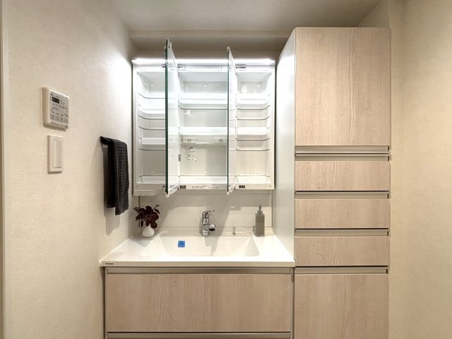グリーンコート藤が丘イクシーズの独立洗面台|リネン庫としても利用可能な収納つき。備え付けなのがうれしいです
