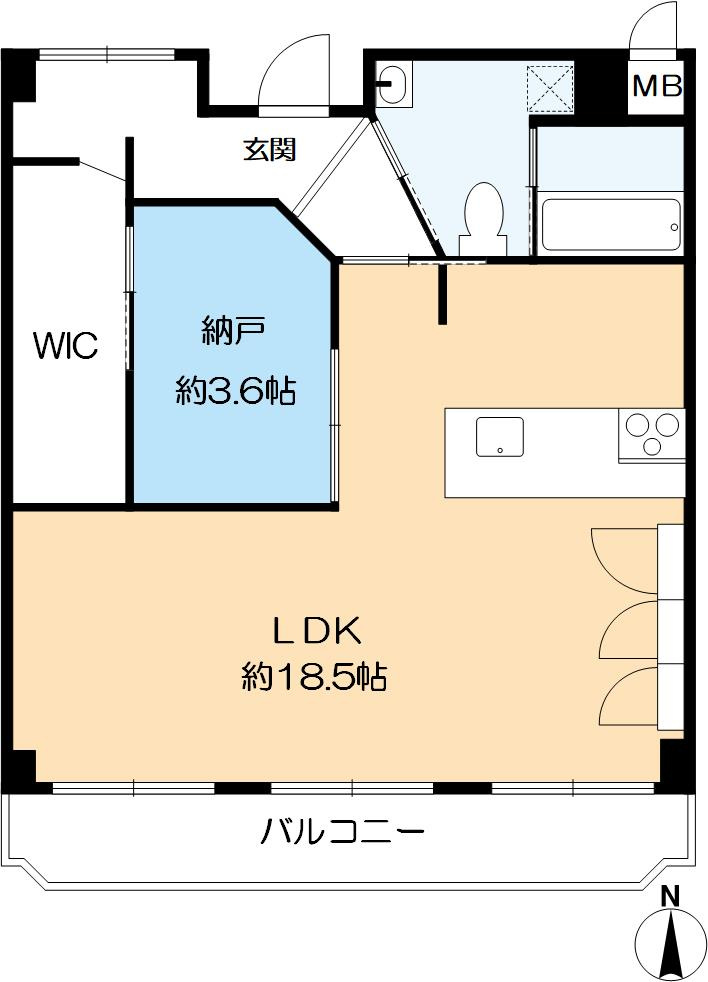 六甲ヒルズ篠原台の間取り|１SLDK　1,280万円　専有面積：58.92㎡　南向きバルコニー