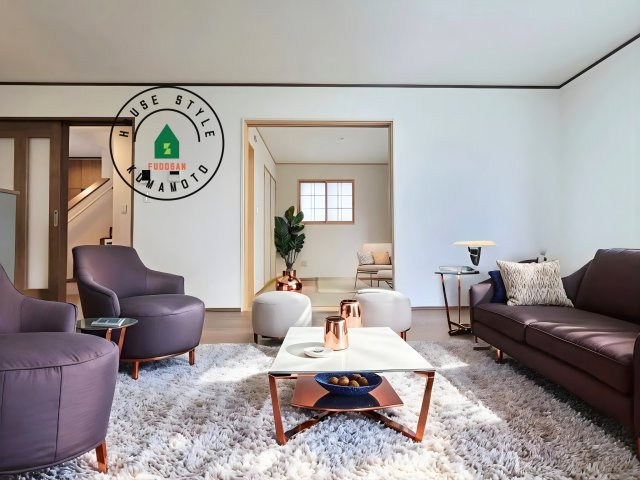 熊本市東区月出7丁目第1-5棟（A号棟）の居間・リビング|キッチンからリビングをしっかり確認できます。家族の笑顔があふれる空間になりそうですね。※家具はCGを合成したものです。