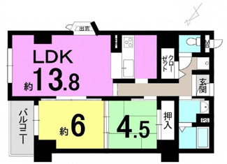 【間取り】 | カネボウ琵琶湖アーバンプラザ | 間取り　2LDK
LDK13.8帖
和室4.5帖
洋室6.0帖