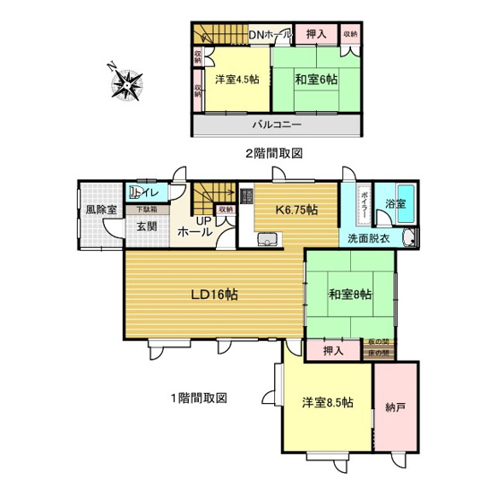 【間取り】 | 北見市東相内町３１番地１０、３１番地４　中古売家 | 間取りは4SLDKで1階16帖リビングと6.75帖キッチン、和室8帖と洋室8.5帖の2室と納戸3.8帖です。2階は和室6帖と洋室4.5帖の2室です。