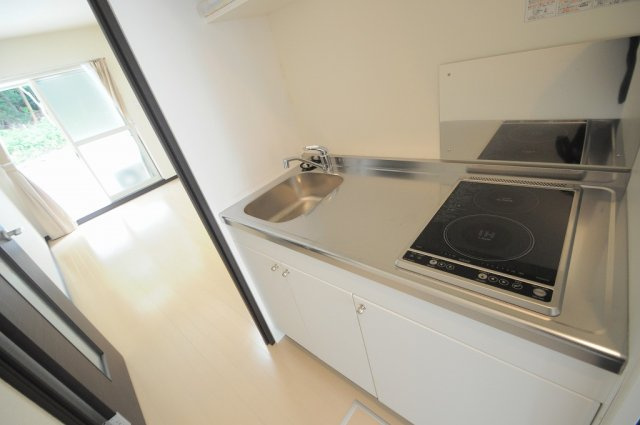 三木市志染町中自由が丘２丁目のアパートのキッチン|IH(手前）、ラジエントヒーター(奥）の２口コンロ